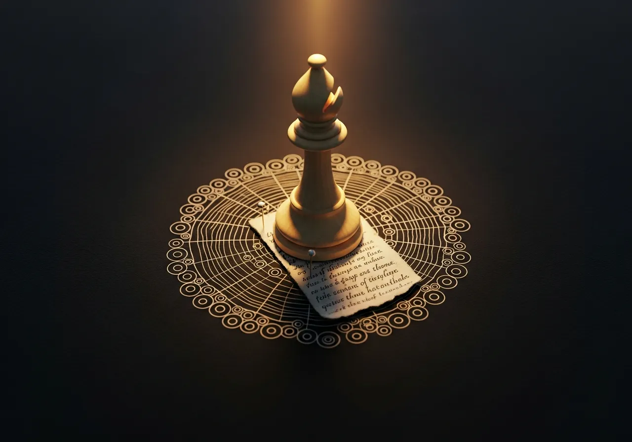 A lone bishop chess piece at the vanishing point of a diagonal trail of engraved rings, lit by a single column of warm amber light.