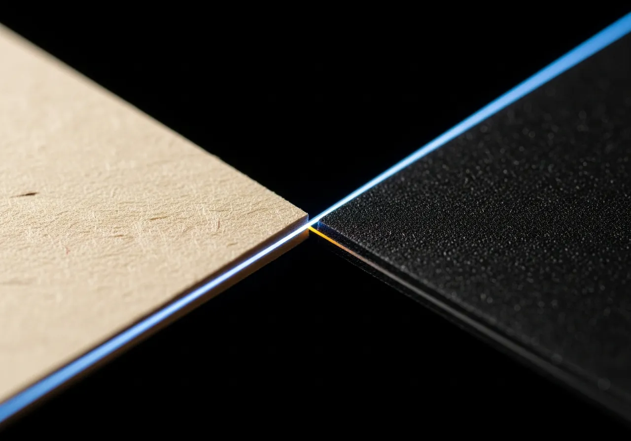 A dark architectural interior bisected by a diagonal beam of cool light, where a cream editorial surface meets a precision dark-steel surface.